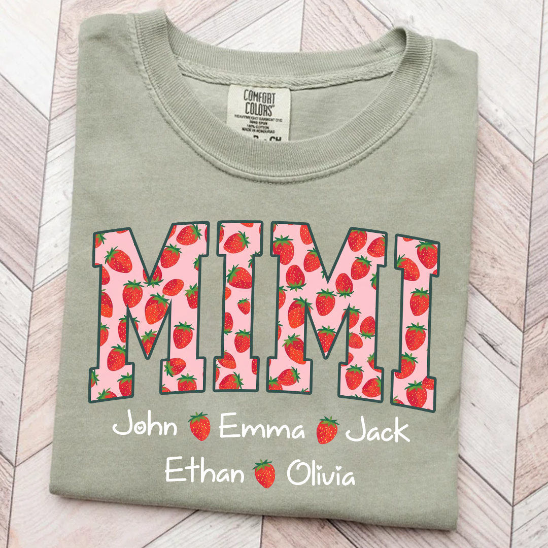 Comfort Colors® Personalized Mimi Strawberry Shirt, Custom Grandma Shirt with Grandkids Names, Cute Strawberry Graphic T-Shirt