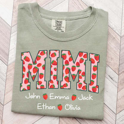 Comfort Colors® Personalized Mimi Strawberry Shirt, Custom Grandma Shirt with Grandkids Names, Cute Strawberry Graphic T-Shirt