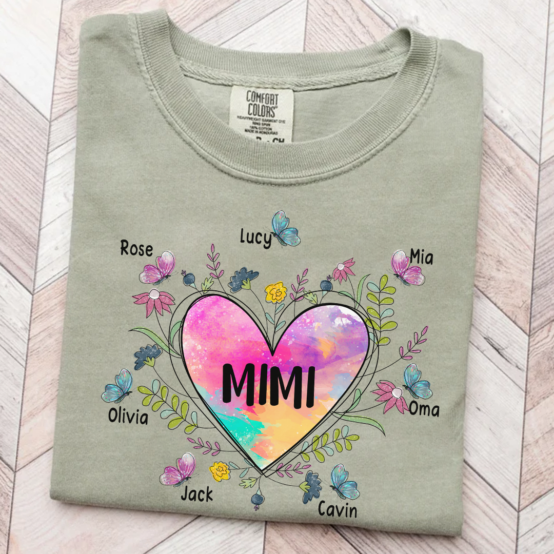 Comfort Colors® Personalize Mimi Flower Heart Shirt, Custom Grandma And Grandkids Shirt, Gifts For Grandma Shirt