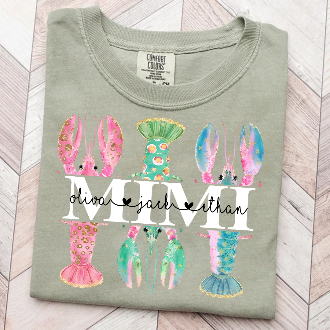 Comfort Colors Custom Mimi Lobster Shirt with Grandkids Names, Personalized Grandma Beach Summer T-Shirt Gift for Grandma