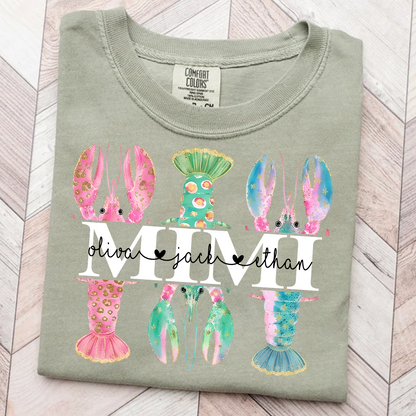 Comfort Colors Custom Mimi Lobster Shirt with Grandkids Names, Personalized Grandma Beach Summer T-Shirt Gift for Grandma