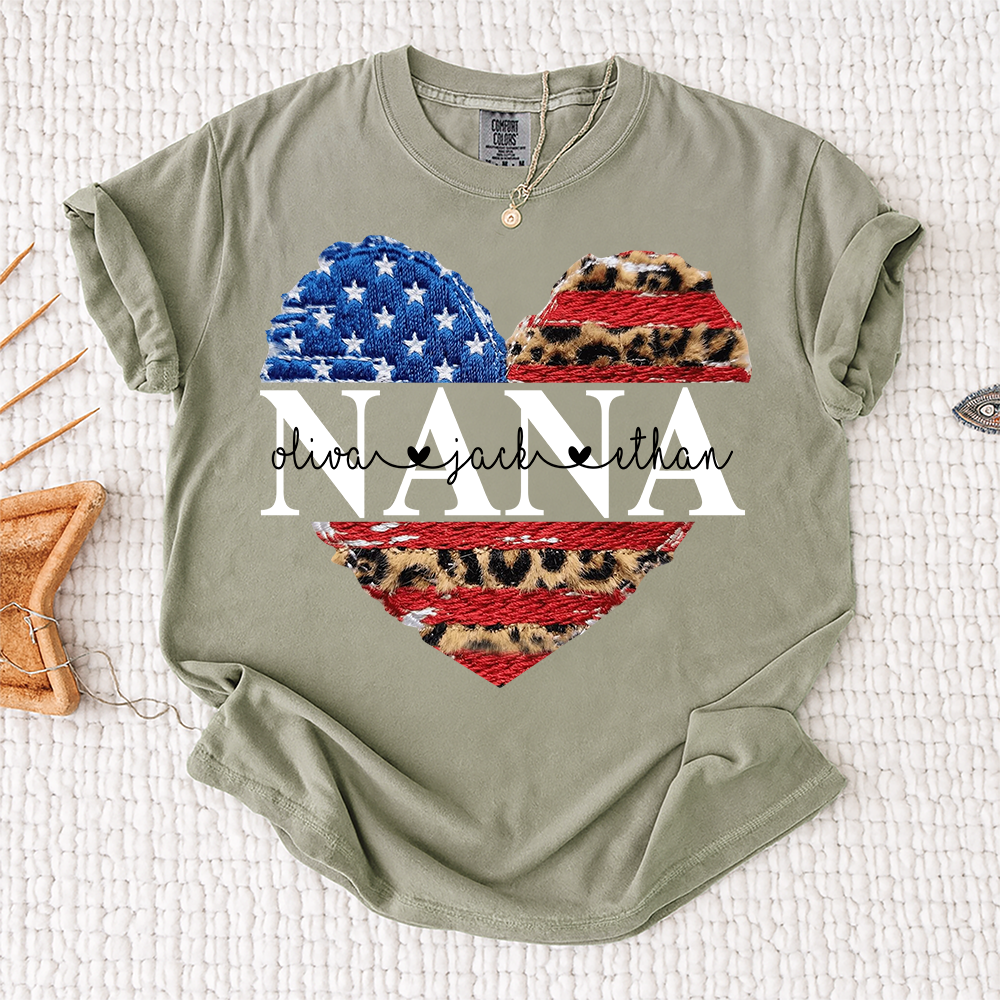 Comfort Colors® Personalized Nana Patriotic Heart Shirt with Grandkids Names, Custom Family Nickname Tee, American Flag Leopard Print, 4th of July Outfit Gift For Mother's Day Birthday