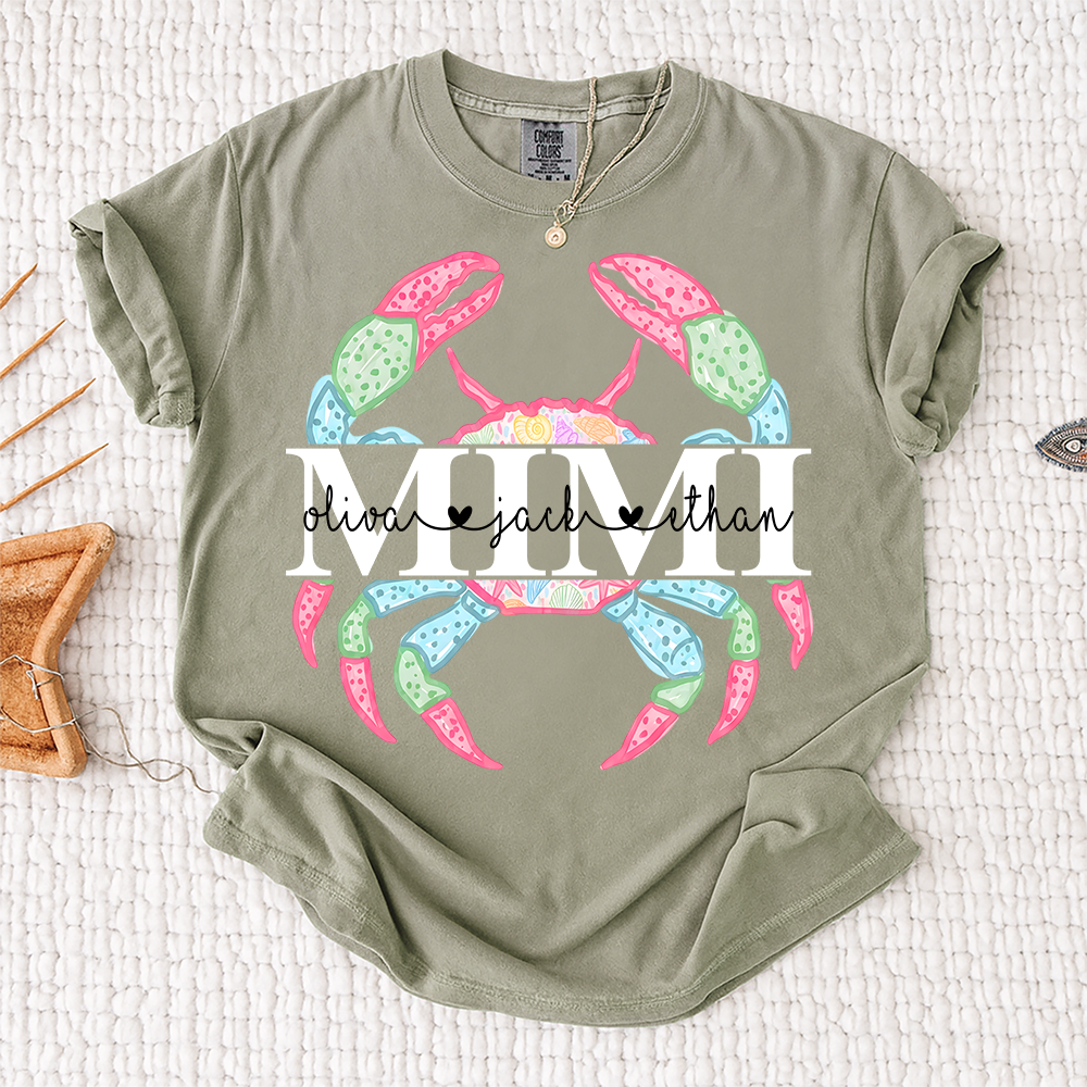 Comfort Colors Personalized Mimi Crab Shirt, Custom Grandkids Names Beach Shirt, Coastal Grandma Summer Shirt, Ocean Lover Gift for Grandma