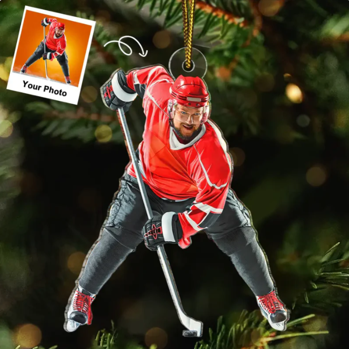 Personalized Ice Hockey Player Ornament 2025, Custom Photo Acrylic Decoration, Unique Christmas Gift For Hockey Lovers And Sports Fans