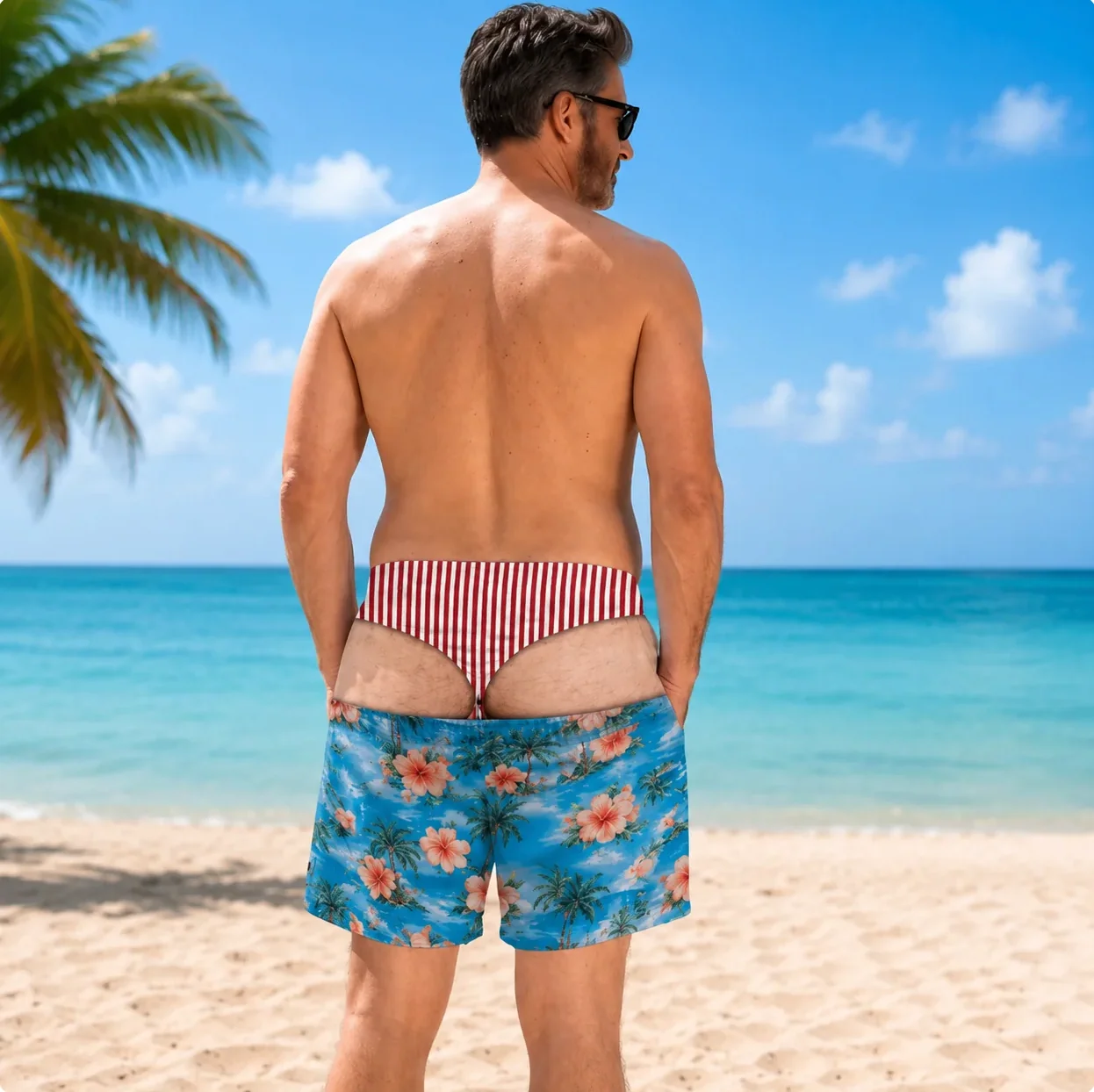 Funny Men's Swim Trunks 3D Print Beach Shorts Quick Dry Summer Swimwear Hibiscus Flower Palm Tree Print Beach Board Shorts