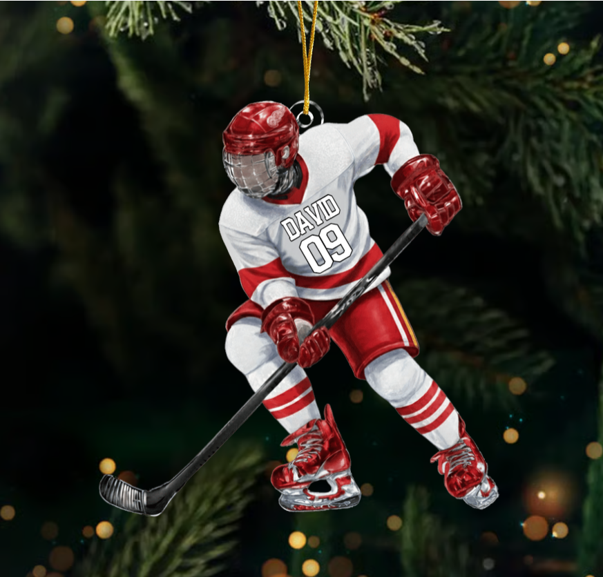 Sparkling Ice Hockey Player Acrylic Ornament – Personalized Hockey Decoration, Unique Custom Christmas Gift for Hockey Lovers Ornament