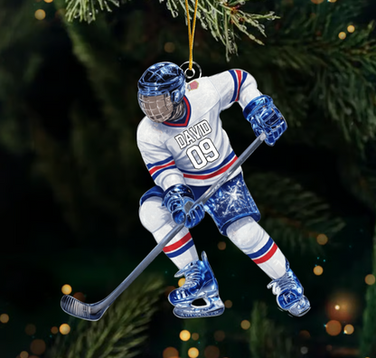 Sparkling Ice Hockey Player Acrylic Ornament – Personalized Hockey Decoration, Unique Custom Christmas Gift for Hockey Lovers Ornament