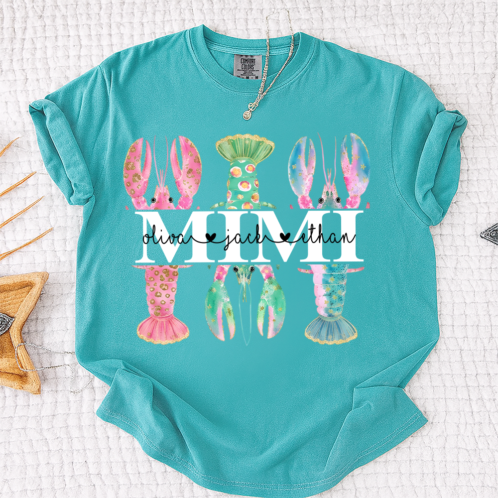 Comfort Colors Custom Mimi Lobster Shirt with Grandkids Names, Personalized Grandma Beach Summer T-Shirt Gift for Grandma