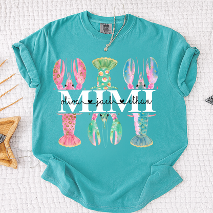 Comfort Colors Custom Mimi Lobster Shirt with Grandkids Names, Personalized Grandma Beach Summer T-Shirt Gift for Grandma