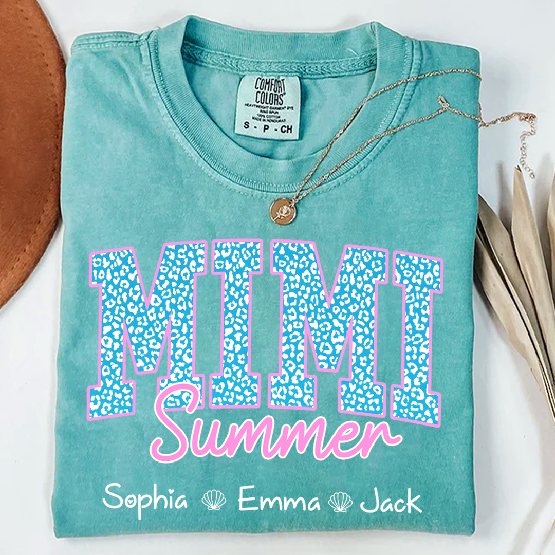 Comfort Colors® Personalized Mimi Summer Shirt, Custom Grandkids Names Shirt, Leopard Heart Grandma Shirt, Summer Gift for Mimi Nana Gigi, Birthday Mothers Day Shirt