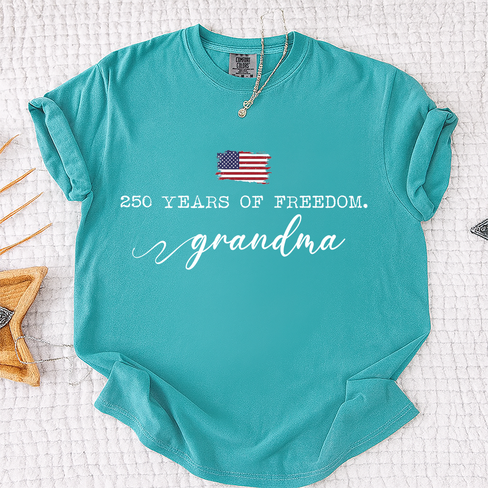 Comfort Colors® 250 Years of Freedom Personalized T-Shirt, Custom USA Flag Design for Grandma, Mama, Mimi, Gigi, Patriotic Family Shirt, Gifts for Independence Day, 4th of July