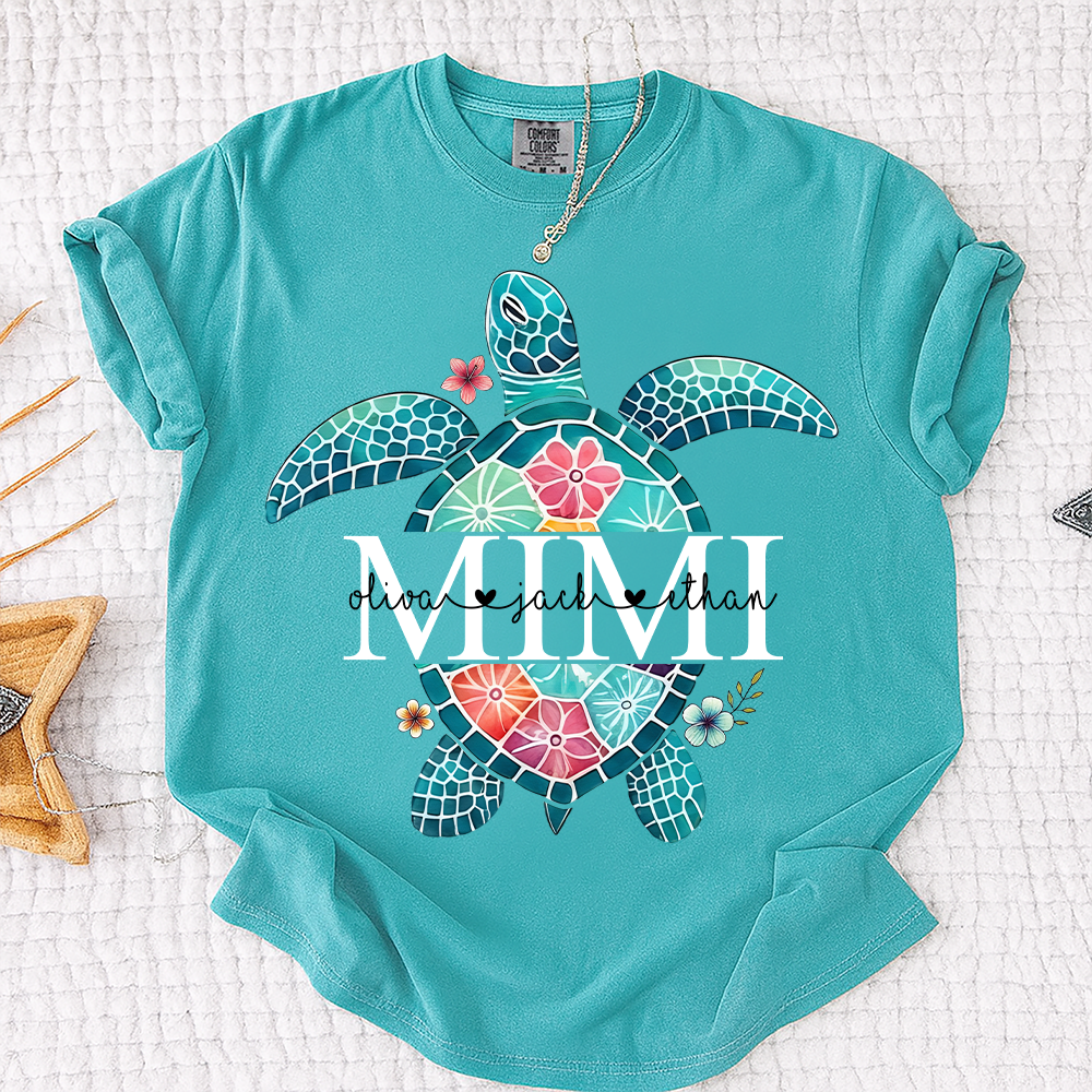 Comfort Colors® Personalized Mimi Sea Turtle Shirt, Custom Grandkids Names Beach Shirt, Coastal Summer Vacation Shirt for Grandma, Ocean Lover Gift for Mimi Nana Gigi