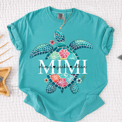 Comfort Colors® Personalized Mimi Sea Turtle Shirt, Custom Grandkids Names Beach Shirt, Coastal Summer Vacation Shirt for Grandma, Ocean Lover Gift for Mimi Nana Gigi