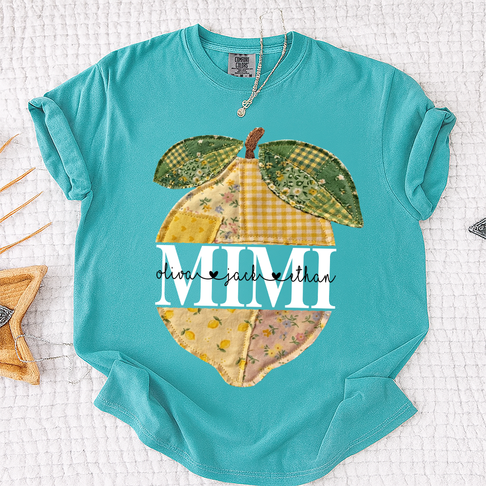 Comfort Colors® Custom Mimi Lemon Shirt, Personalized Grandkids Names Shirt, Patchwork Citrus Summer Shirt, Gift for Grandma Nana Gigi