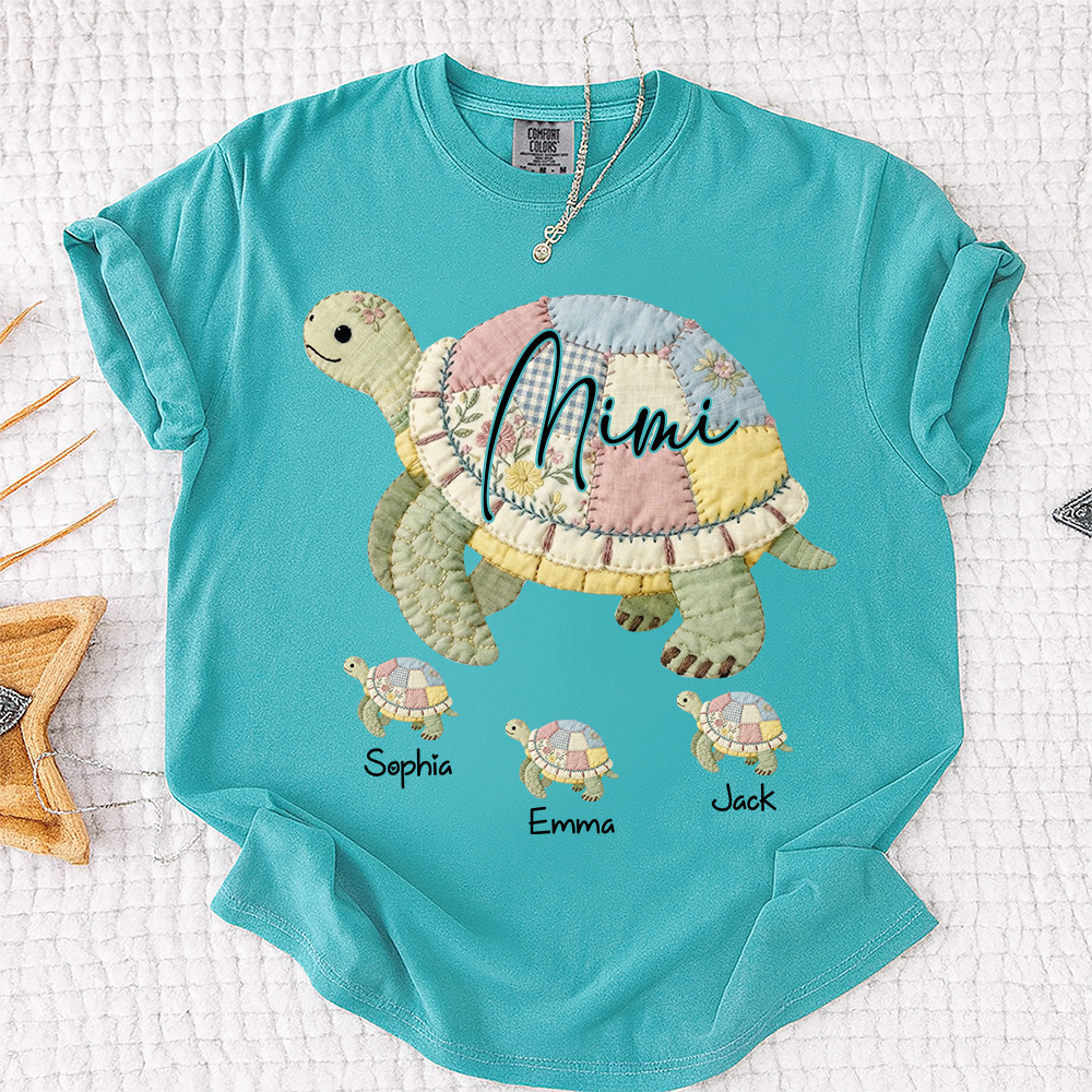 Comfort Colors® Personalized Mimi Patchwork Turtle, Custom Grandkids Names Shirt, Grandma Turtle Family Shirt, Birthday Gift for Mimi Nana Gigi, Mothers Day Shirt