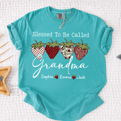 Comfort Colors® Personalized Blessed To Be Called Grandma, Custom Grandkids Names T-Shirt, Strawberry Patchwork Gift T-Shirt