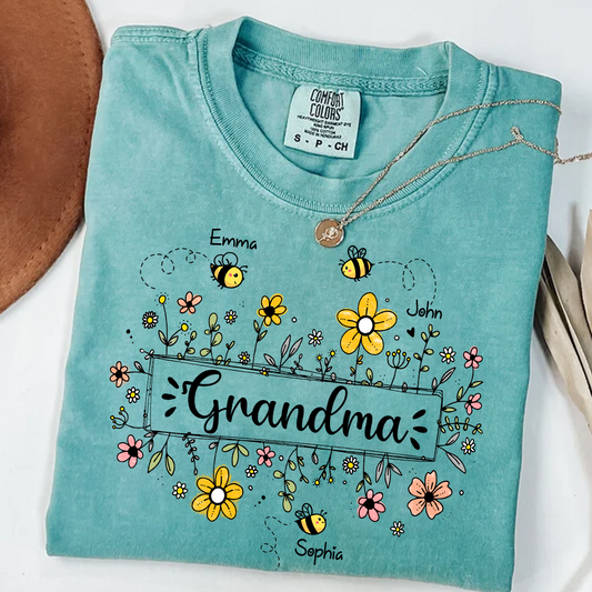 Personalized Grandma Flower Bee And Grandkids Custom Names Mother's Day Comfort Colors® T-Shirt