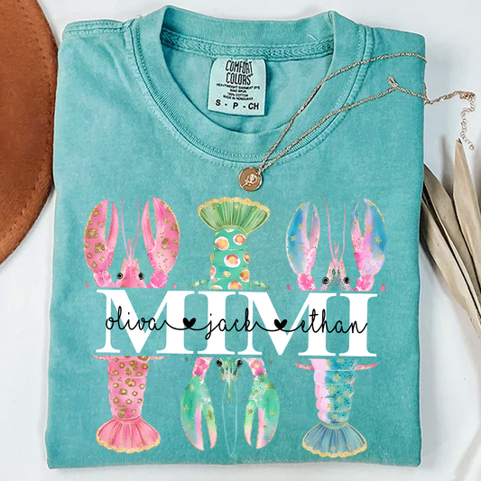 Comfort Colors Custom Mimi Lobster Shirt with Grandkids Names, Personalized Grandma Beach Summer T-Shirt Gift for Grandma