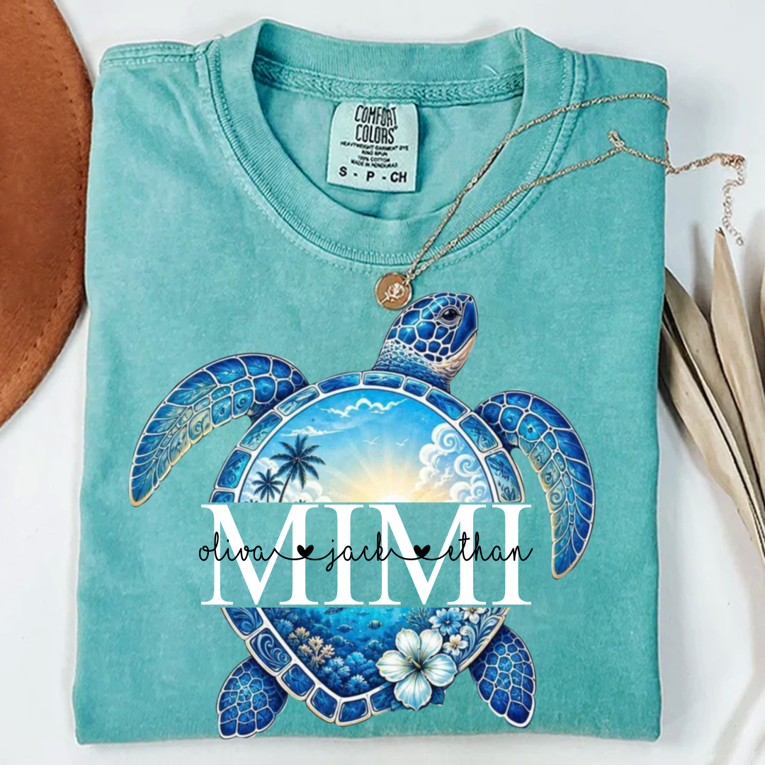 Comfort Colors® Personalized Mimi Sea Turtle Shirt, Custom Grandkids Names Beach Tee, Coastal Ocean Summer Gift for Grandma
