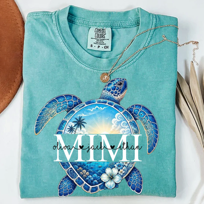 Comfort Colors® Personalized Mimi Sea Turtle Shirt, Custom Grandkids Names Beach Tee, Coastal Ocean Summer Gift for Grandma