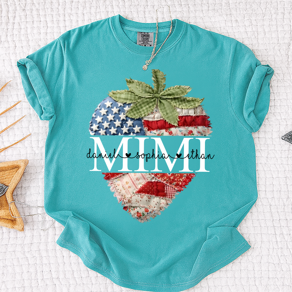 Comfort Colors Mimi Custom Family Tee, Faux Quilted Strawberry 4th of July Grandma T-Shirt, Patriotic American Flag Berry Graphic, Summer Gift for Grandma, Independence Day Shirt