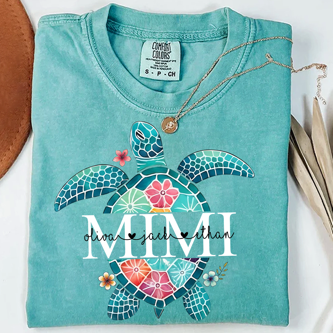 Comfort Colors® Personalized Mimi Sea Turtle Shirt, Custom Grandkids Names Beach Shirt, Coastal Summer Vacation Shirt for Grandma, Ocean Lover Gift for Mimi Nana Gigi