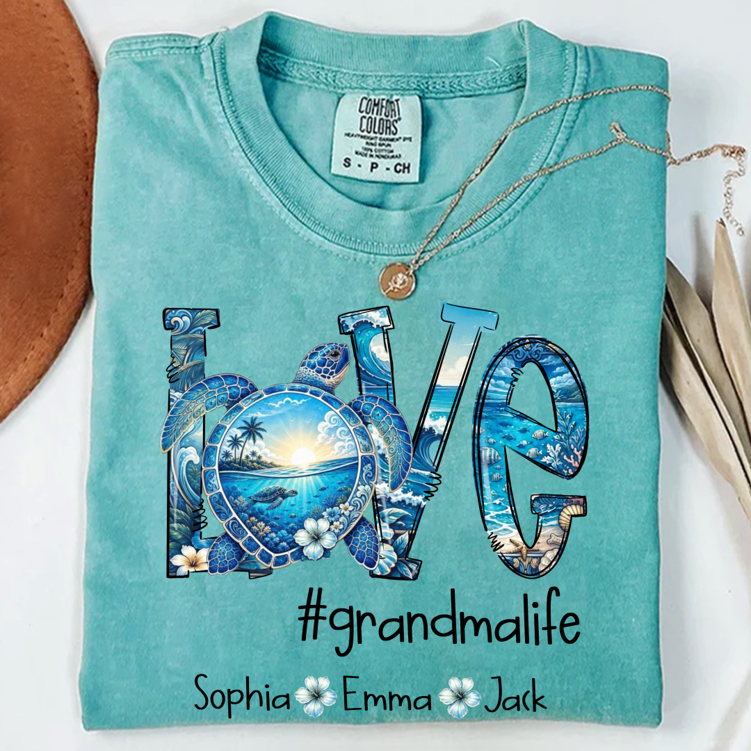 Comfort Colors® Personalized Love grandmalife Sea Turtle Shirt, Custom Family Names Gift for Grandma Shirt, Gift for Mimi Nana Gigi