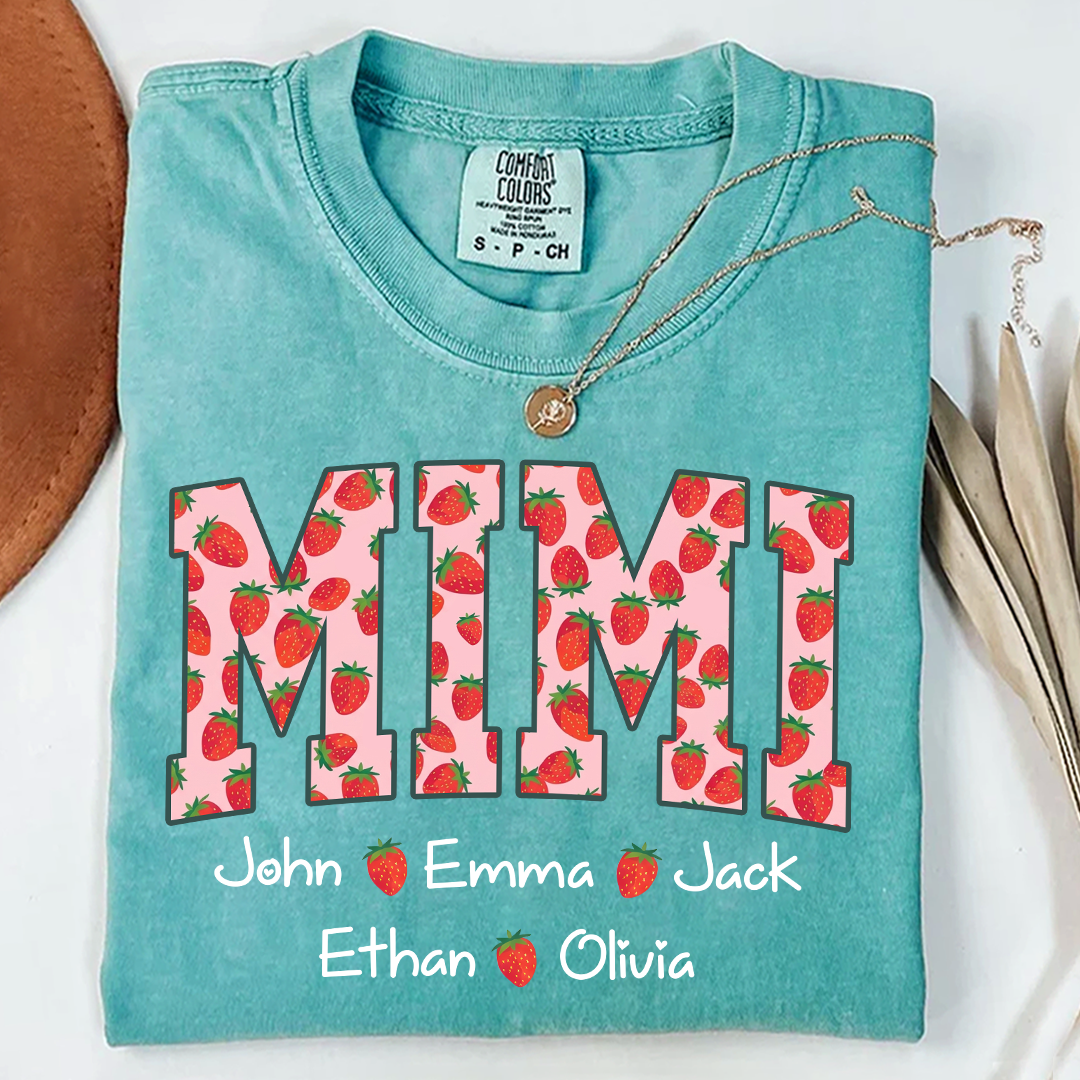 Comfort Colors® Personalized Mimi Strawberry Shirt, Custom Grandma Shirt with Grandkids Names, Cute Strawberry Graphic T-Shirt