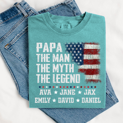 Papa The Man The Myth The Legend Shirt - Custom Comfort Colors Tee with Grandkids Names - Father's Day Gift