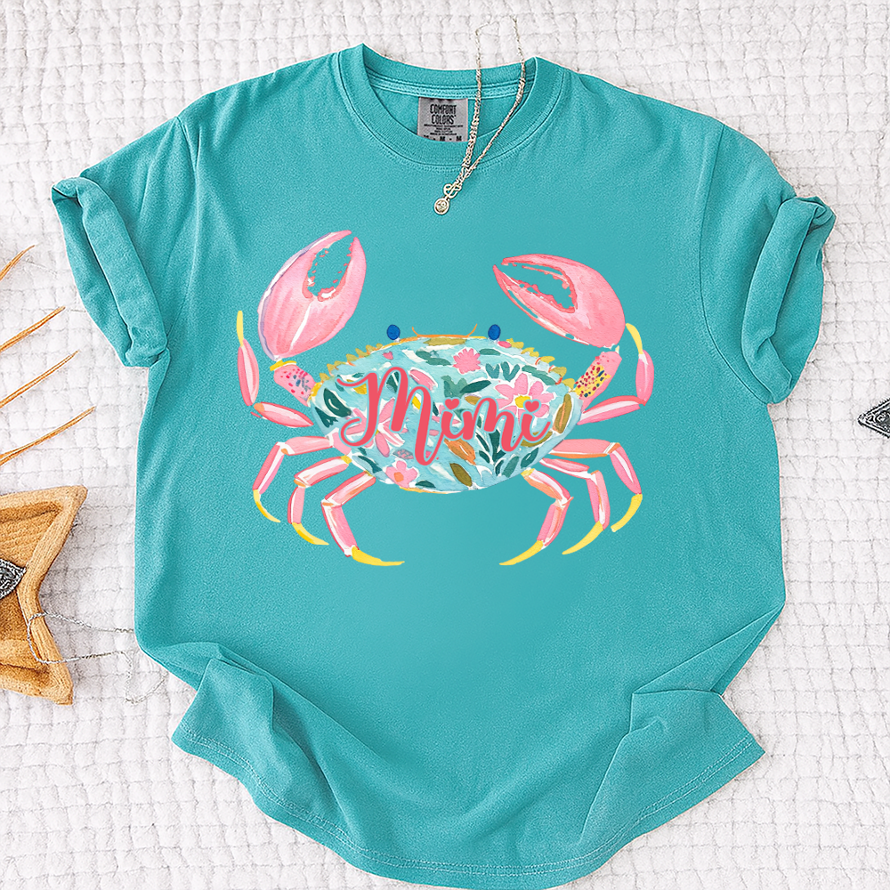 Comfort Colors® Personalized Mimi Crab Shirt, Custom Grandma Beach Shirt, Cute Floral Crab Summer Tee, Ocean Vacation Gift for Mimi Nana Gigi, Birthday Mothers Day Shirt