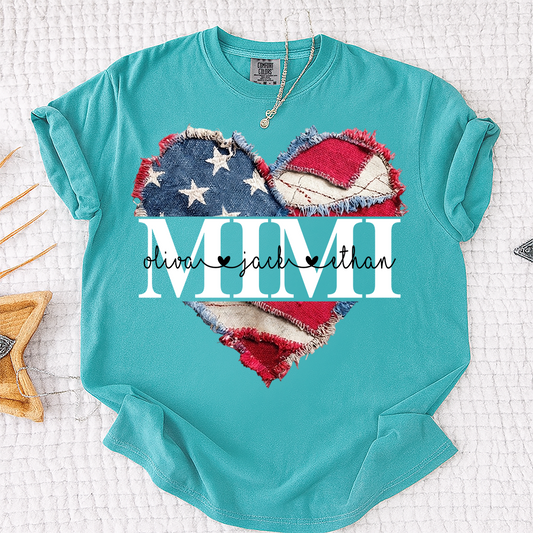 Comfort Colors® Personalized Mimi Shirt with Kids Names, Faux Patchwork heart American Flag Hear T-Shirt, Custom Design for Mimi, Nana, Gigi, Mama, Names, Gifts for Mother's Day, 4th of July, Birthday