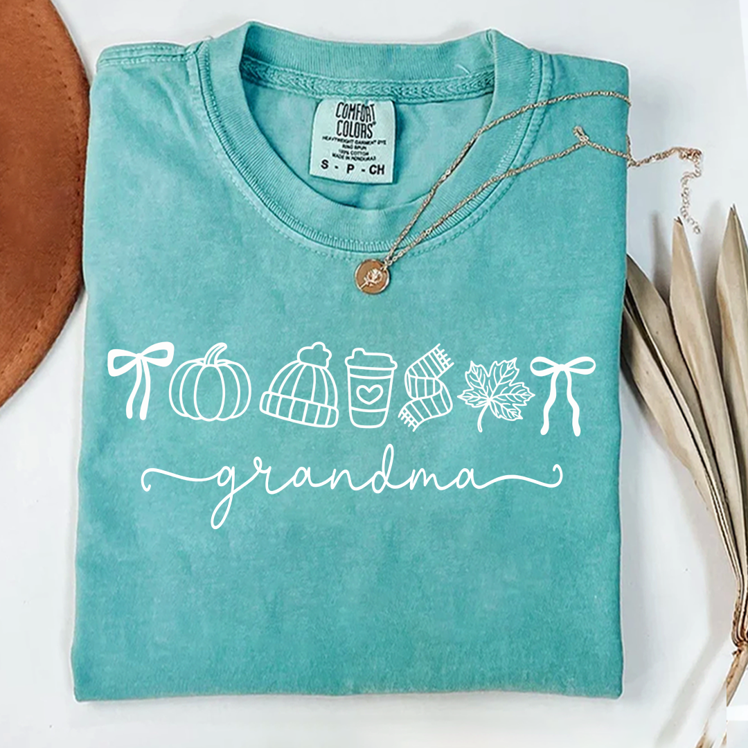 Comfort Colors® Personalized Grandma Fall T-Shirt, Pumpkin Coffee Autumn Leaves Shirt, Custom Grandma Name Thanksgiving Gift, Custom Family Names Gift for Grandma