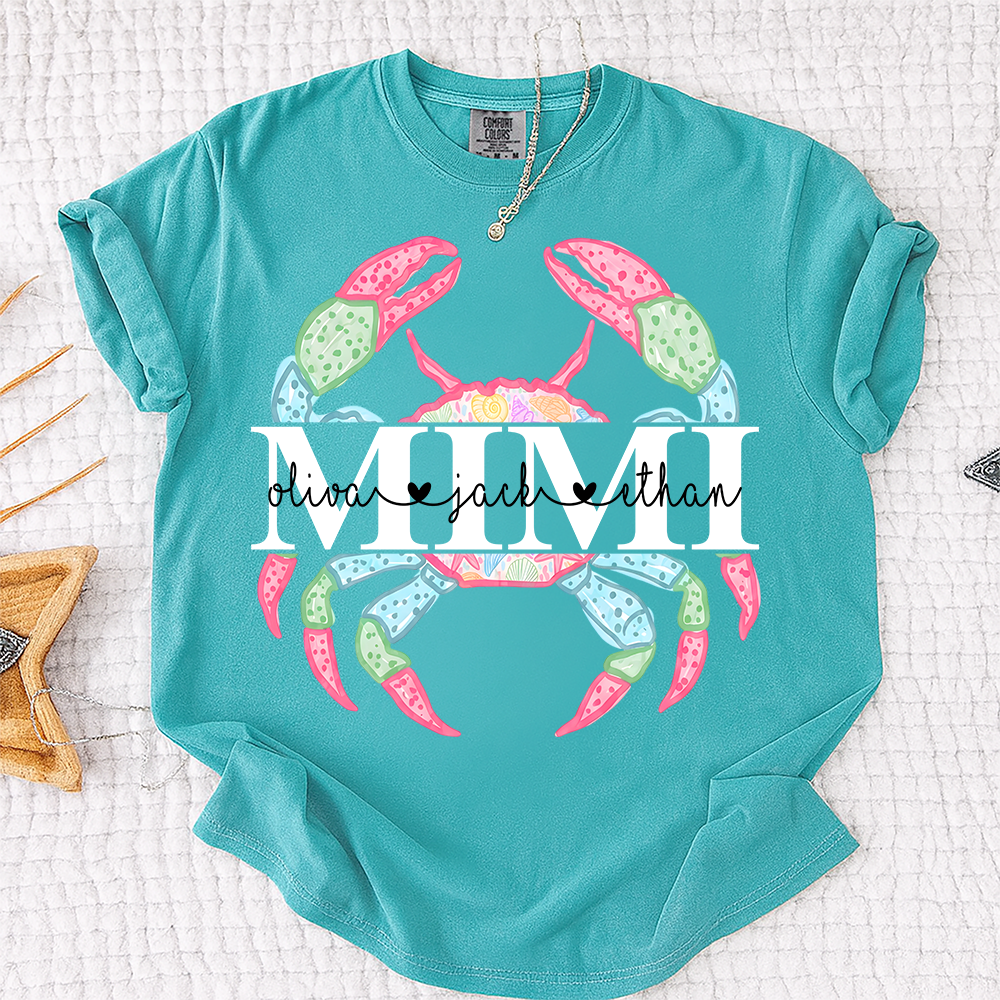 Comfort Colors Personalized Mimi Crab Shirt, Custom Grandkids Names Beach Shirt, Coastal Grandma Summer Shirt, Ocean Lover Gift for Grandma