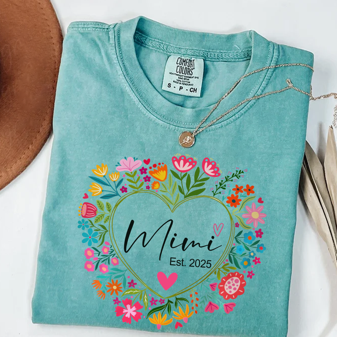 Comfort Colors® Mimi Heart Flower Est T-Shirt, Custom Grandma With Grandkids Shirt