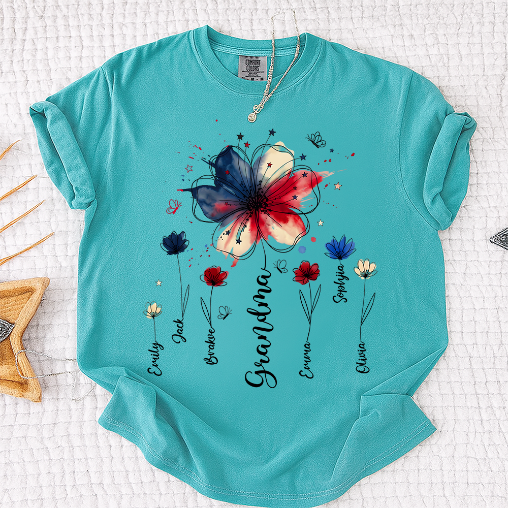 Personalized Grandma Wildflower Shirt, Custom Kids Names Floral Tee for Nana Mimi Gigi Grammy, Patriotic Flower Gift for Grandma Birthday Mothers Day Shirt