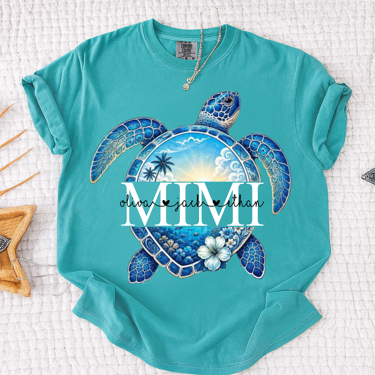 Comfort Colors® Personalized Mimi Sea Turtle Shirt, Custom Grandkids Names Beach Tee, Coastal Ocean Summer Gift for Grandma