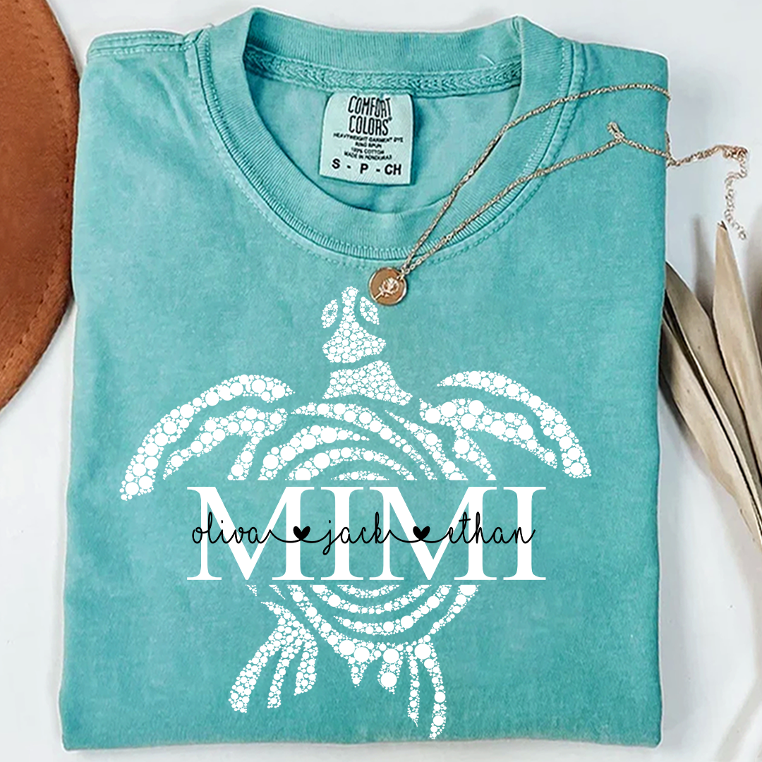 Comfort Colors® Personalized Mimi Mimi Sea Turtle Shirt, Custom Grandkids Names Beach Shirt,Custom Family Names Gift for Grandma