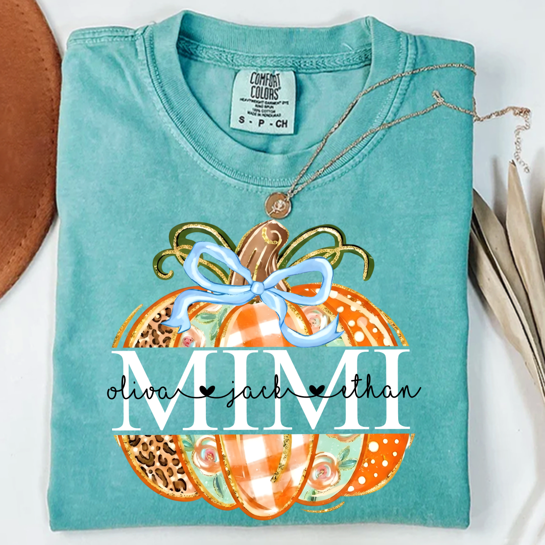 Comfort Colors® Personalized Mimi Pumpkin T-shirt, Autumn shirt for grandma with grandchildren's names, Cute autumn Thanksgiving gift for grandma