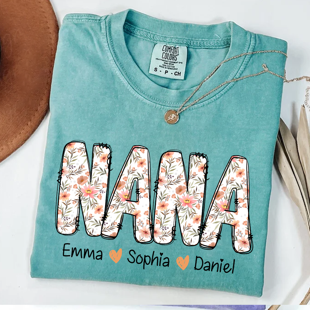 Comfort Colors® Nana Flower 2025 Shirt, Custom Grandma And Grandkids Shirt