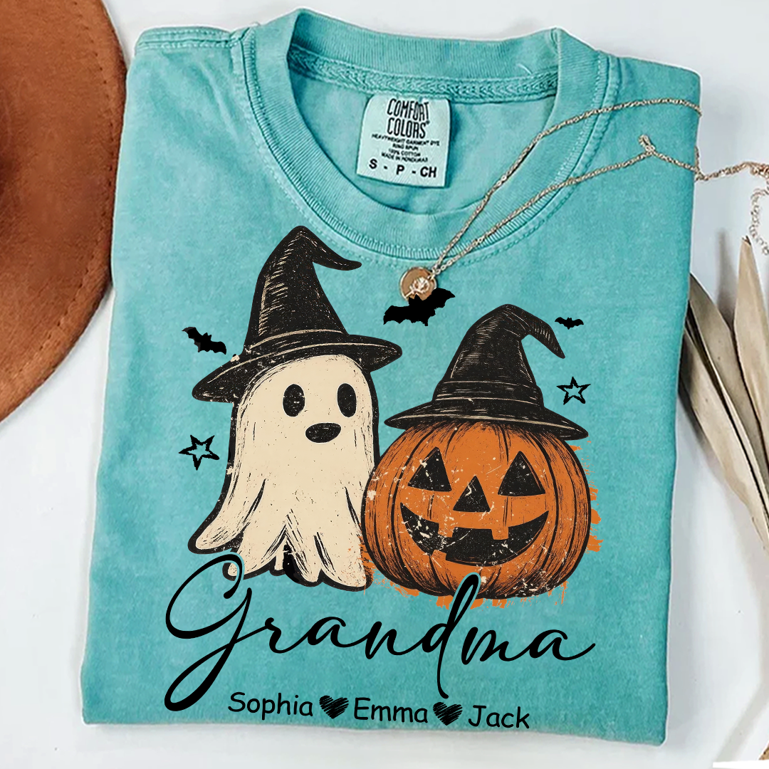 Comfort Colors® Grandma Floral Pumpkin, Ghost Pumpkin And Grandkids T-Shirt