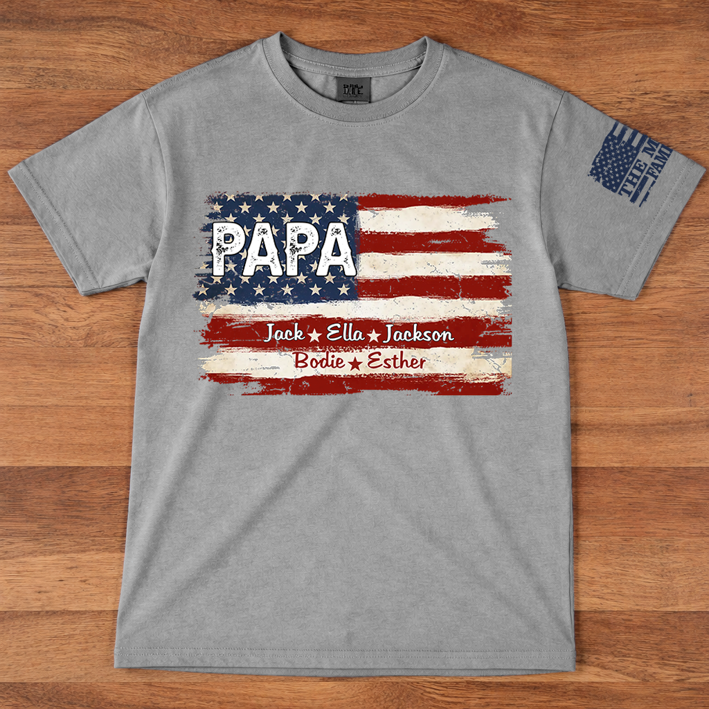 Personalized Papa American Flag Shirt, Custom Dad T-Shirt with Kids Names, Patriotic Family Gift