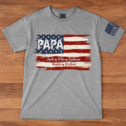 Personalized Papa American Flag Shirt, Custom Dad T-Shirt with Kids Names, Patriotic Family Gift