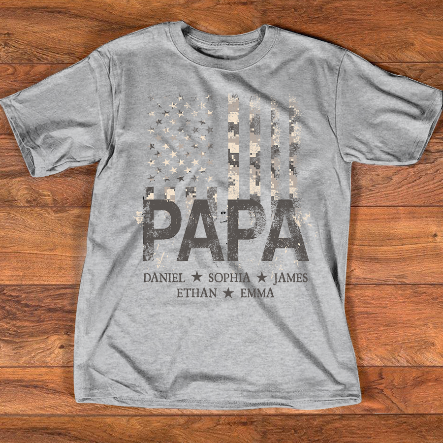 Personalized Papa American Flag Shirt, Custom Kids Names Patriotic T Shirt for Dad Grandpa, U.S. 250th Anniversary 4th of July Birthday Gift
