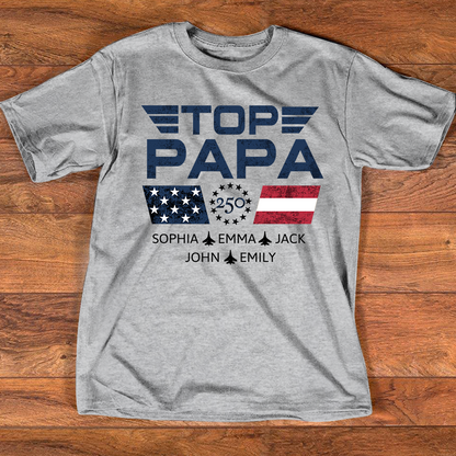 Personalized Top Papa Shirt with Custom Kids Names, Patriotic Airplane Grandpa T Shirt, U.S. 250th Anniversary Family Apparel for Fathers Day Birthday