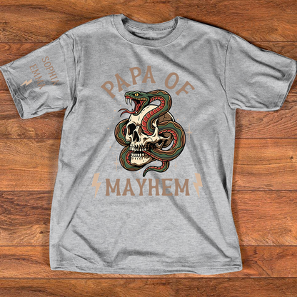 Papa Of Mayhem Personalized Shirt, Custom Papa Skull Snake Tee with Kids Names on Sleeve, Funny Grandpa Father Graphic T Shirt, Gift For Father’s Day Birthday