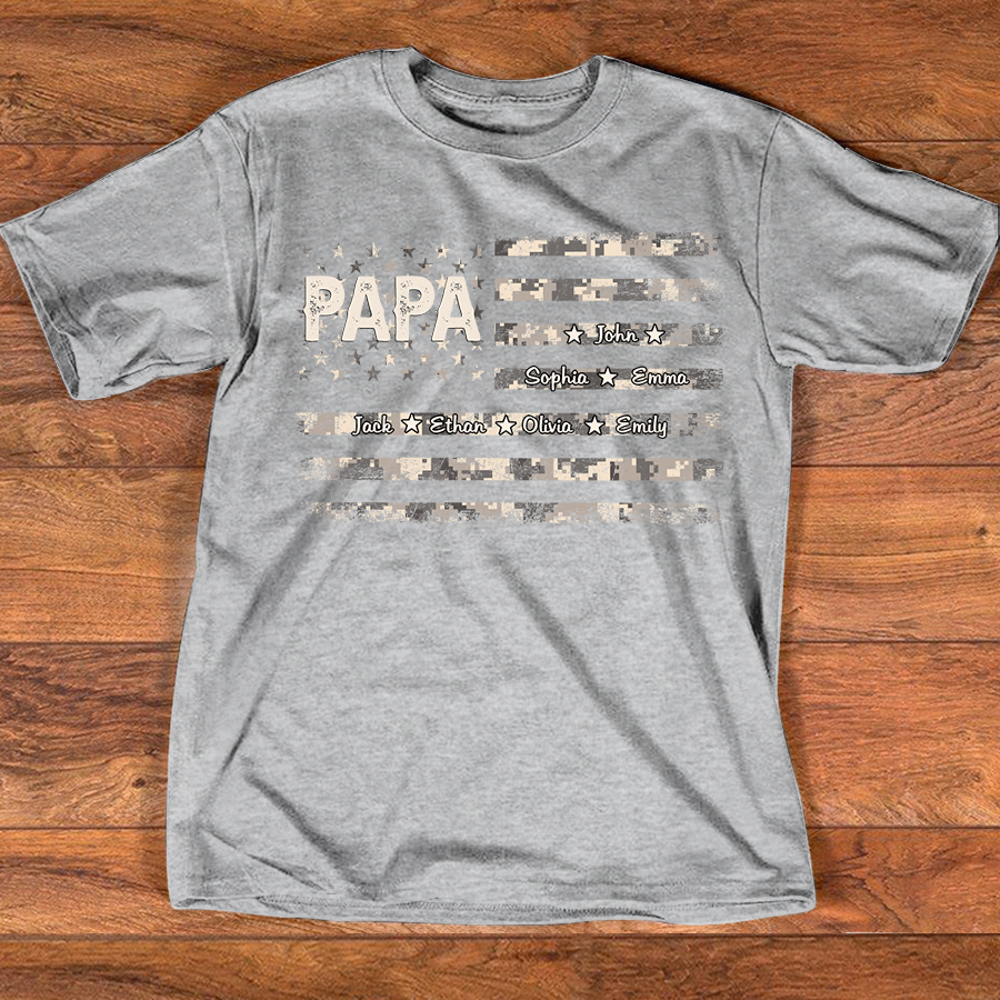 Personalized Papa American Flag Shirt with Kids Names, Custom Grandpa Patriotic Family Shirt, Vintage USA Flag Papa Grandpa Shirt for Fathers Day Birthday Gift