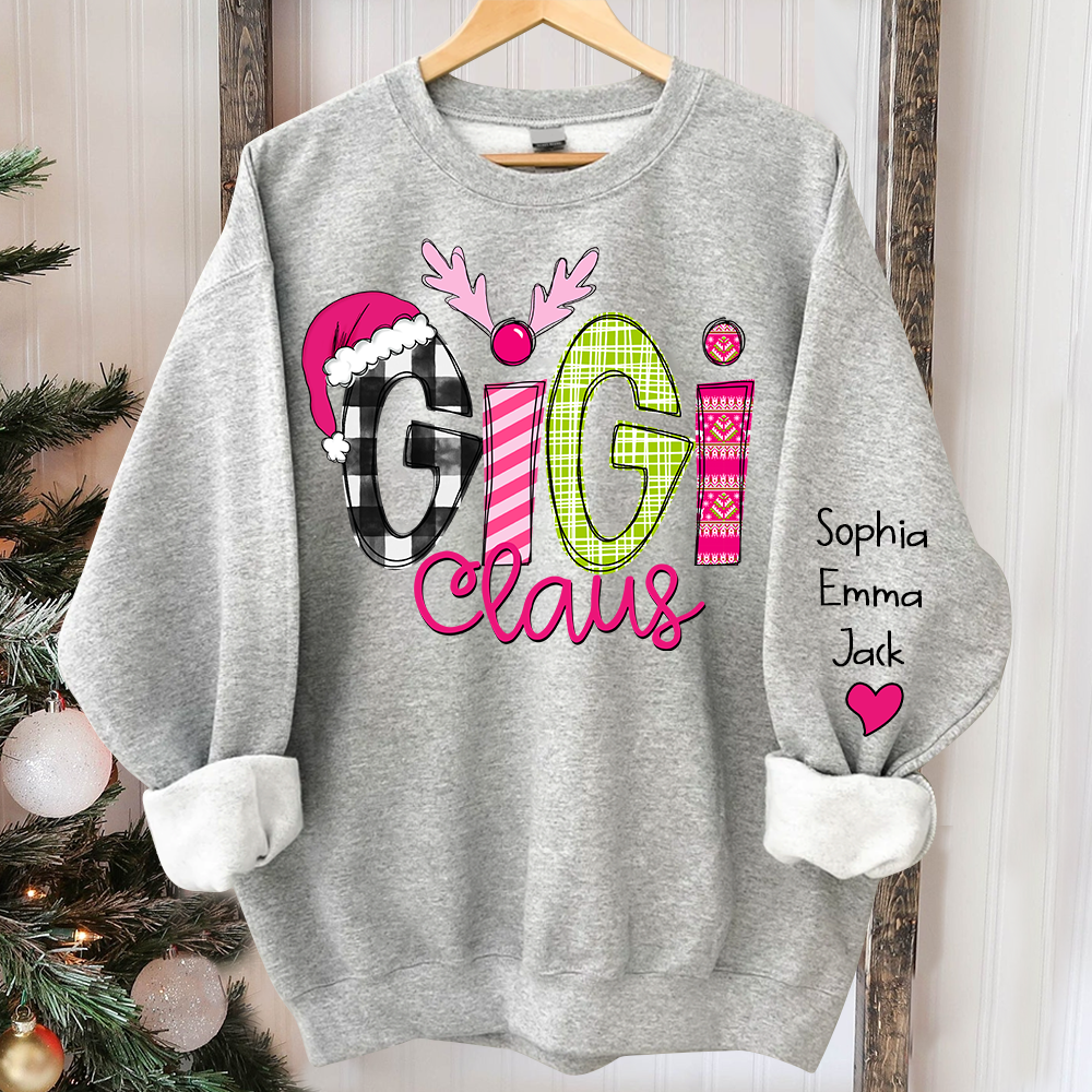 Custom Christmas Gigi Claus Pink And Grandkids Sweatshirt
