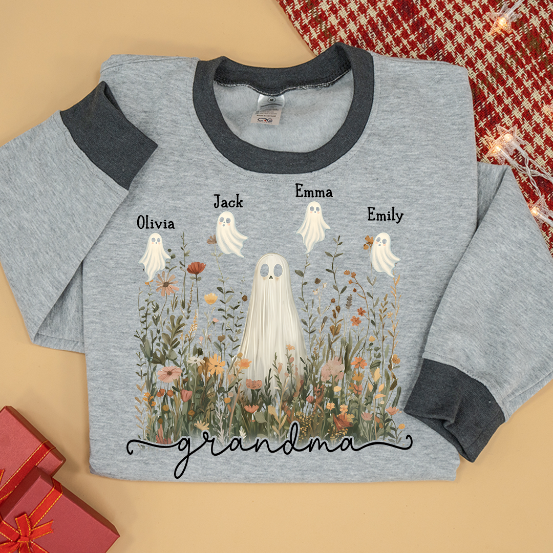 Grandma Cute Ghost in Wildflowers And Grandkids Fall Sweatshirt Mix