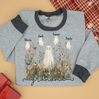Grandma Cute Ghost in Wildflowers And Grandkids Fall Sweatshirt Mix