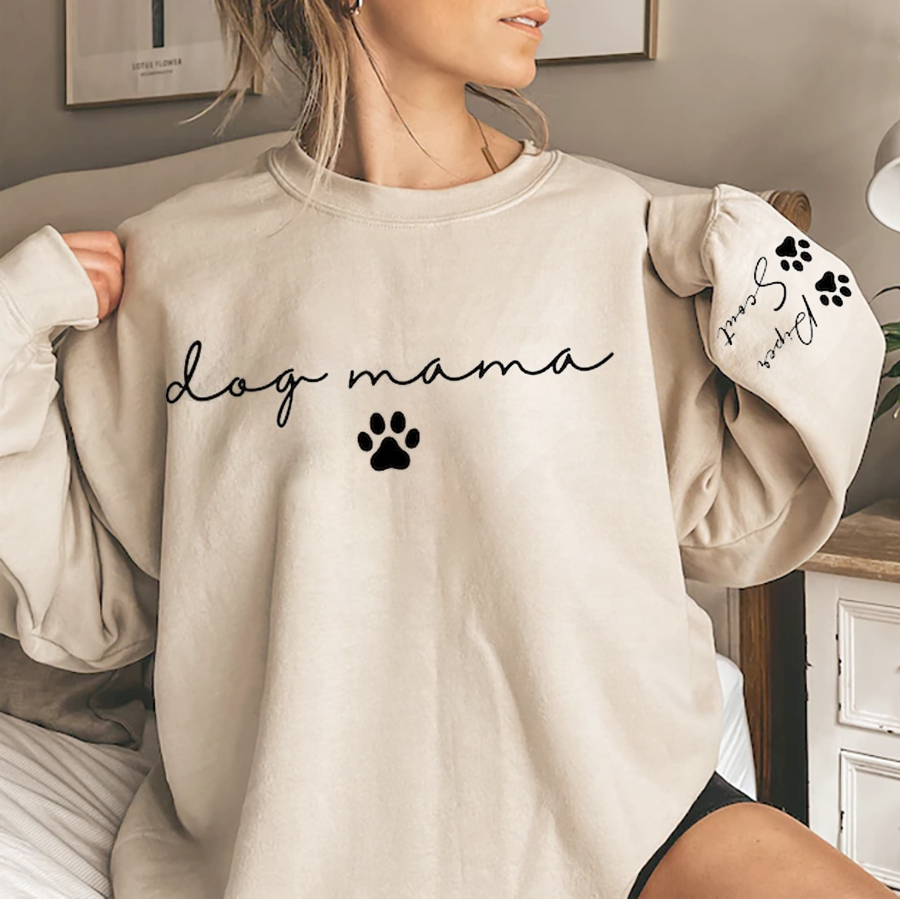 Custom Dog Mama Sweatshirt with Pet Name on Sleeve, Crewneck or Hoodie, Custom Neck Sleeve Design, Fur Mama, Dog Mom Shirt